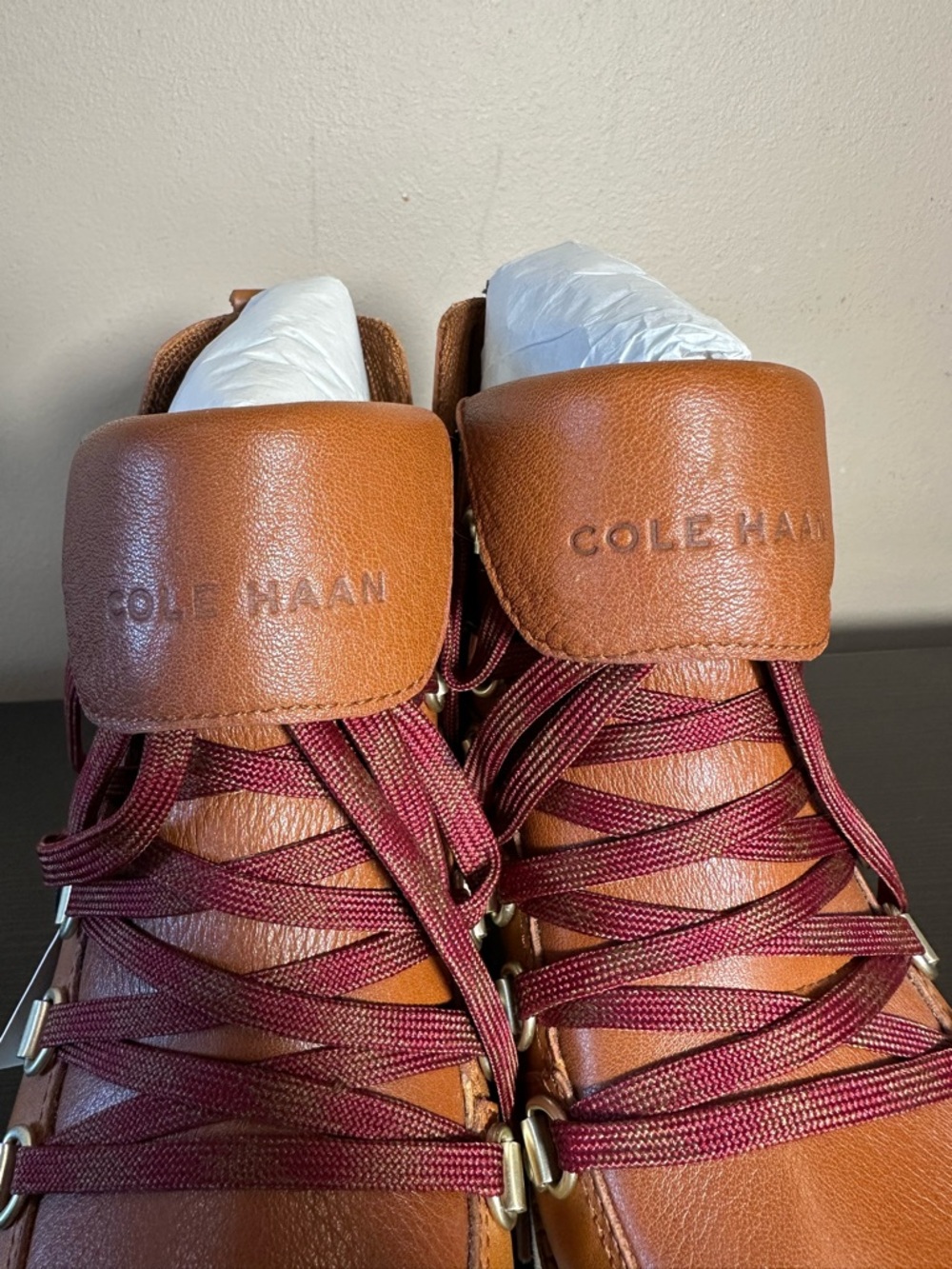 Cole Haan Cognac Leather Wedge Hiker Boots with Burgundy Laces Women’s US 5.5 - Picture 6 of 9